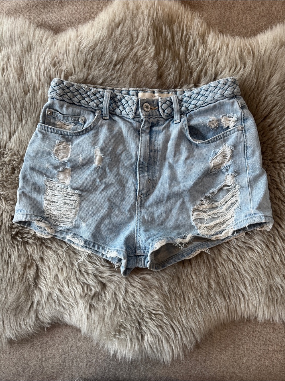 Tularosa Emma Shorts- Color: Santorini Distressed Denim with Braided Waistband